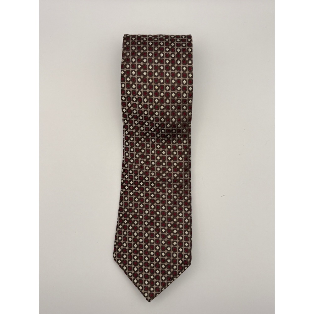 Pronto Uomo Couture Mens Silk Tie Burgundy Taupe Geometric Medallion Pattern